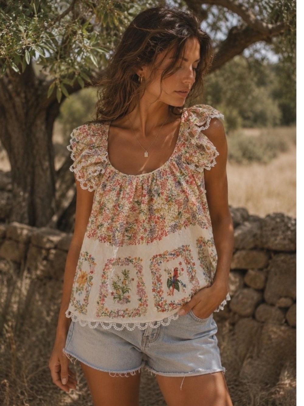 Farm Rio Delicate Floral Scarves Ruffles Peasant Blouse